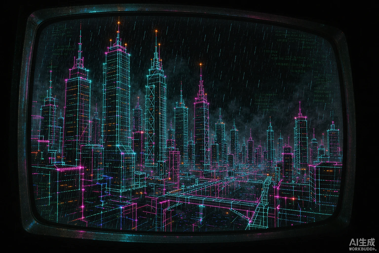 NEONCITIES key art — wireframe megacity